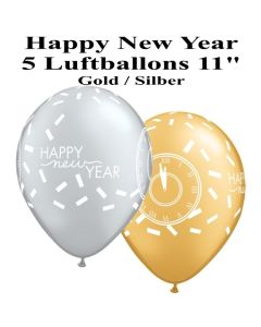 Luftballons zu Silvester und Neujahr, Happy New Year, silber-gold, 5 Stück