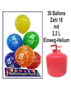 30 Luftballons Zahl 18 zum 18. Geburtstag mit dem Helium-Einwegbehälter
