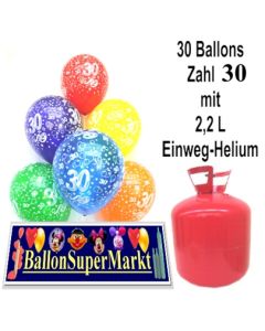 30 Luftballons Zahl 30 zum 30. Geburtstag mit dem Helium-Einwegbehälter