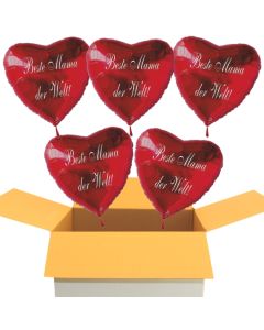 Beste Mama der Welt! Luftballons in Herzform aus Folie mit Helium zum Muttertag, 5 Stück rote Heliumballons