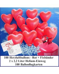 Luftballons zur Hochzeit steigen lassen, 100 rote Herzluftballons Helium-Einweg Set mit Ballonflugkarten