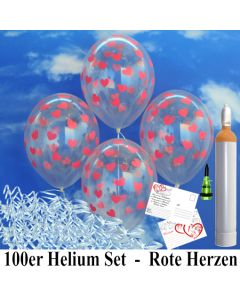 Luftballons zur Hochzeit steigen lassen, 100 Luftballons Transparent mit roten Herzen, mit der 10 Liter Ballongas-Heliumflasche