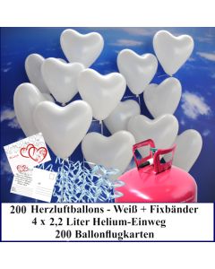 Luftballons zur Hochzeit steigen lassen, 200 weiße Herzluftballons Helium-Einweg Set mit Ballonflugkarten