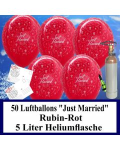 Luftballons zur Hochzeit steigen lassen, 50 Luftballons Just Married, rubinrot, mit der 5 Liter Ballongas-Heliumflasche