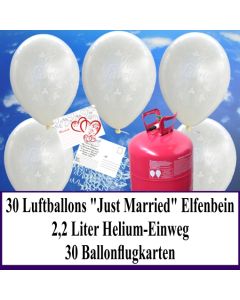Luftballons zur Hochzeit steigen lassen, Rundluftballons perlmutt-elfenbein, Just Married, Helium-Einweg Set mit Ballonflugkarten