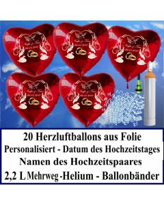 Luftballons zur Hochzeit steigen lassen, 20 rote Herzluftballons aus Folie mit Namen des Hochzeitspaares und Datum des Hochzeitstages, Helium-Mehrweg-Set