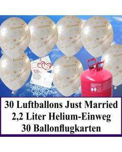 Luftballons zur Hochzeit steigen lassen, weiße Rundluftballons Just Married, Helium-Einweg Set mit Ballonflugkarten