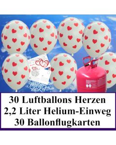 Luftballons zur Hochzeit steigen lassen, weiße Rundluftballons mit roten Herzen, Helium-Einweg Set mit Ballonflugkarten