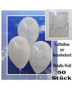 Luftballons zur Rosenhochzeit, weiße Rosen, Metallic-Weiß, 50 Stück