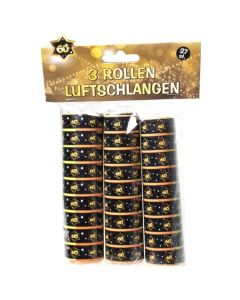 3 Rollen Luftschlangen Schwarz-Gold 60 zum 60. Geburtstag