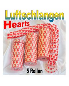 Luftschlangen mit Herzen, rot-weiß, 5 Rollen