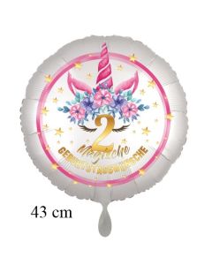Magische Geburtstagswünsche, 2. Geburtstag, Luftballon aus Folie, Satin de Luxe, weiß, Unicorn Flowers