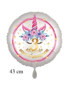 Magische Geburtstagswünsche, 3. Geburtstag, Luftballon aus Folie, Satin de Luxe, weiß, Unicorn Flowers