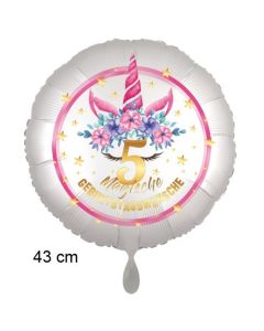 Magische Geburtstagswünsche, 5. Geburtstag, Luftballon aus Folie, Satin de Luxe, weiß, Unicorn Flowers