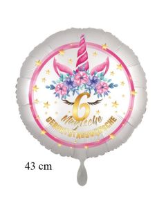 Magische Geburtstagswünsche, 6. Geburtstag, Luftballon aus Folie, Satin de Luxe, weiß, Unicorn Flowers