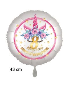 Magische Geburtstagswünsche, 8. Geburtstag, Luftballon aus Folie, Satin de Luxe, weiß, Unicorn Flowers