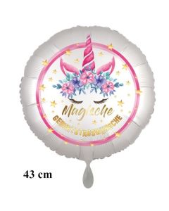 Magische Geburtstagswünsche, Luftballon aus Folie, Satin de Luxe, weiß, Unicorn Flowers