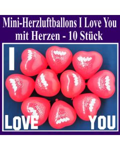 Mini Herzluftballons I Love you, 10 Stück, Ich Liebe Dich Herzballons mit Herzen