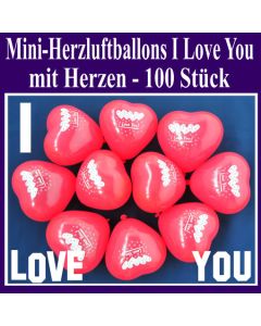 Mini Herzluftballons I Love you, 100 Stück, Ich Liebe Dich Herzballons mit Herzen