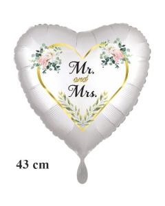 Mr. & Mrs. Golden Heart and Flowers, Herzluftballon, satinweiss, ohne Helium zur Hochzeit