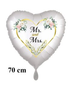 Mr. & Mrs. Golden Heart and Flowers, 70 cm Herzluftballon, satinweiss, ohne Helium zur Hochzeit