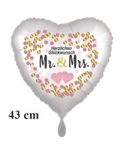 Mr. & Mrs. Herzlichen Glückwunsch, Herzluftballon, satinweiss, ohne Helium zur Hochzeit