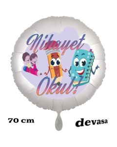 Luftballon aus Folie, 70 cm, inklusive Helium, Satin de Luxe, weiß zur Einschulung: Nihayet Okul!