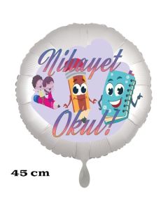 Luftballon aus Folie, 45 cm, inklusive Helium, Satin de Luxe, weiß zur Einschulung: Nihayet Okul!