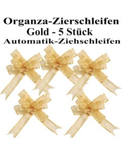 Organza Zierschleifen Gold, 5 Stück, 22 mm, Automatik-Ziehschleifen