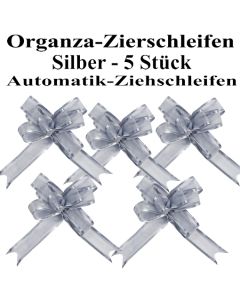 Organza Zierschleifen Silber, 5 Stück, 22 mm, Automatik-Ziehschleifen