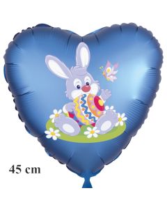 Osterhase mit Osterei und Schmetterling, Ostern, Luftballon in Satinblau aus Folie in Herzform mit Helium