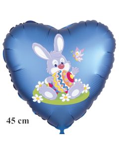 Osterhase mit Osterei und Schmetterling, Ostern, Luftballon in Satinblau aus Folie in Herzform