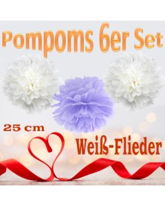 Pompoms in Flieder und Weiß, 25 cm, 6er Set