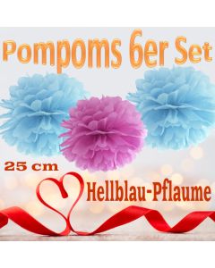 Pompoms in Hellblau und Pflaume, 25 cm, 6er Set