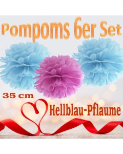 Pompoms in Hellblau und Pflaume, 35 cm, 6er Set