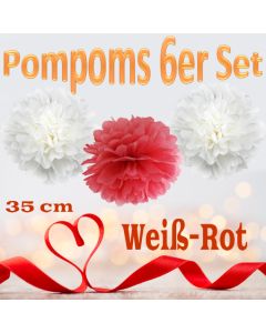 Pompoms in Weiß und Rot, 35 cm, 6er Set