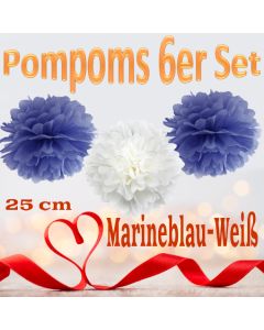 Pompoms in Marineblau und Weiß, 25 cm, 6er Set