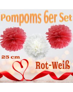 Pompoms in Rot und Weiß, 25 cm, 6er Set