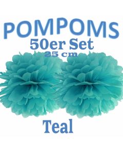 Pompoms Teal, 25 cm, 50 Stück