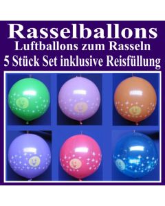 Rasselballons, Luftballons zum Rasseln, 5er Set mit Reis