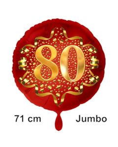 Großer Zahl 80 Luftballon aus Folie zum 80. Geburtstag, 71 cm, Rot/Gold, heliumgefüllt