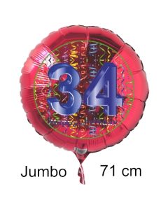 Großer Zahl 34 Luftballon aus Folie zum 34. Geburtstag, 71 cm, Rot/Blau, heliumgefüllt