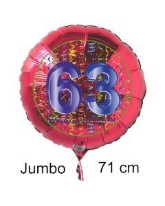 Großer Zahl 63 Luftballon aus Folie zum 63. Geburtstag, 71 cm, Rot/Blau, heliumgefüllt