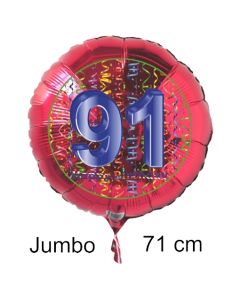 Großer Zahl 91 Luftballon aus Folie zum 91. Geburtstag, 71 cm, Rot/Blau, heliumgefüllt