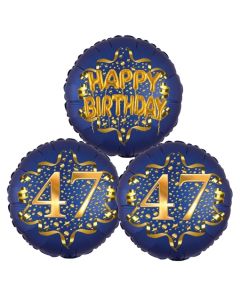 Satin Navy & Gold 47 Happy Birthday, Luftballons aus Folie zum 47. Geburtstag, inklusive Helium