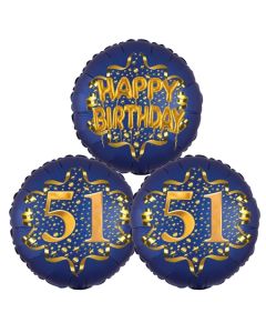 Satin Navy & Gold 51 Happy Birthday, Luftballons aus Folie zum 51. Geburtstag, inklusive Helium
