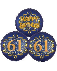 Satin Navy & Gold 61 Happy Birthday, Luftballons aus Folie zum 61. Geburtstag, inklusive Helium