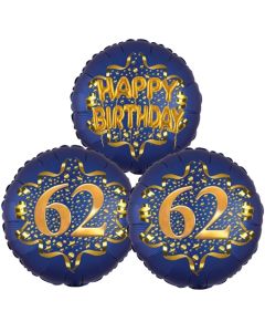 Satin Navy & Gold 62 Happy Birthday, Luftballons aus Folie zum 62. Geburtstag, inklusive Helium