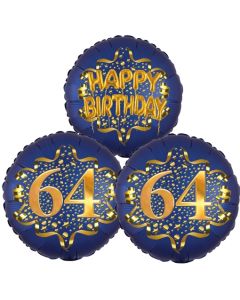 Satin Navy & Gold 64 Happy Birthday, Luftballons aus Folie zum 64. Geburtstag, inklusive Helium