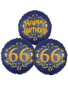 Satin Navy & Gold 66 Happy Birthday, Luftballons aus Folie zum 66. Geburtstag, inklusive Helium